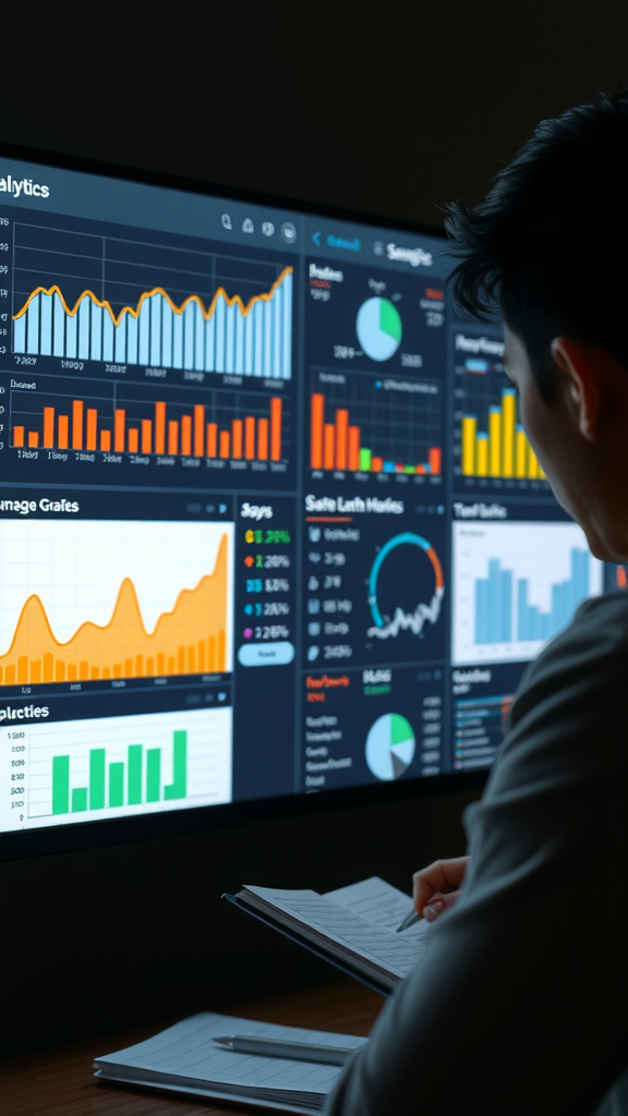 A person analyzing blog performance metrics on a large screen with various graphs and charts.