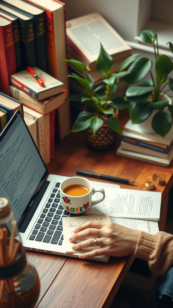 A warm, cozy writing space featuring a laptop, books, a cup of coffee, and a notepad.