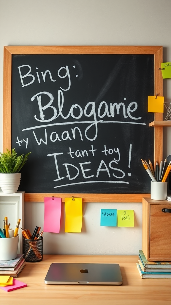 Chalkboard displaying creative blog name ideas with colorful sticky notes and a laptop on a desk.