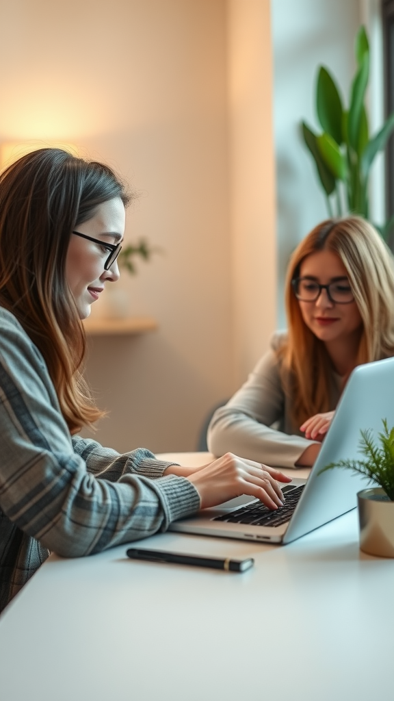 Two women collaborating on a laptop in a cozy setting.