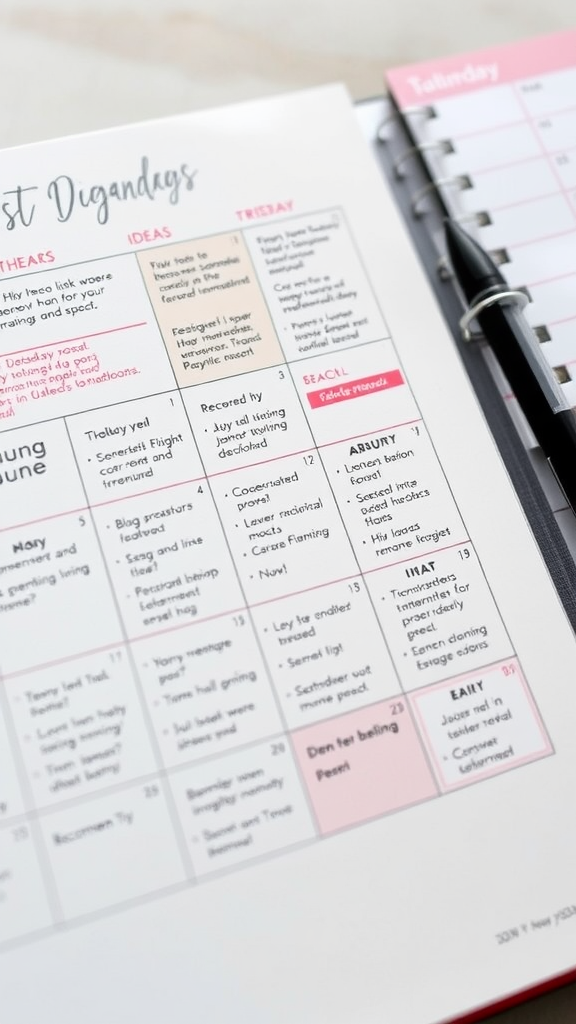 A colorful planner with a structured posting schedule and content ideas for each day.