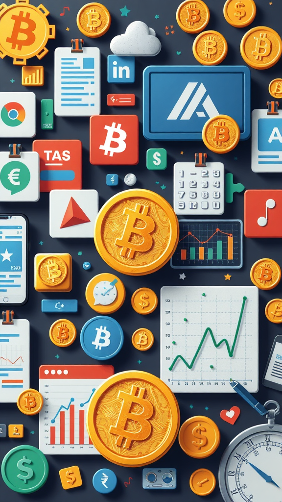 An image filled with various financial symbols, including Bitcoin coins, charts, and digital tools that represent monetization strategies for bloggers.