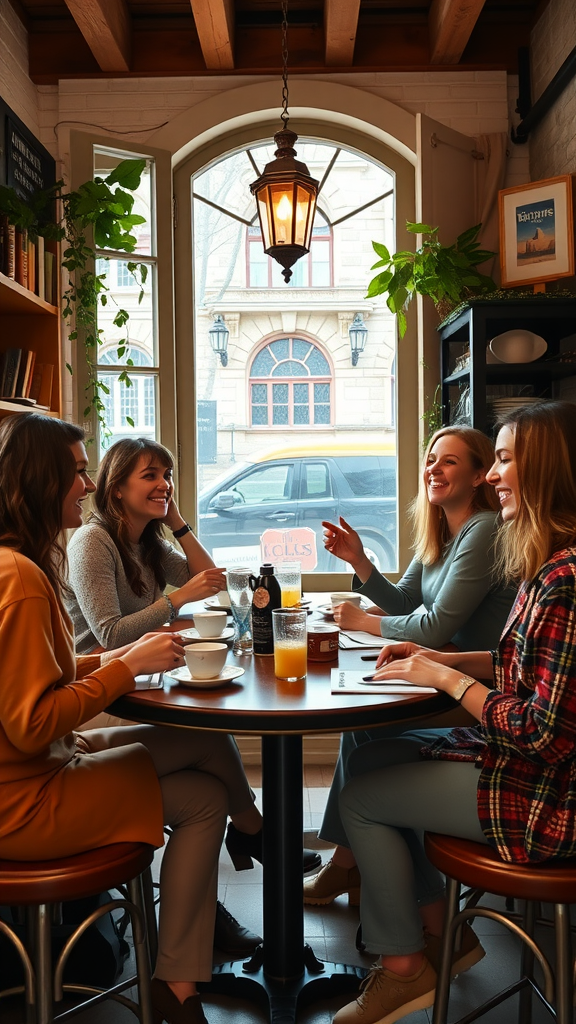 Four women sitting at a table in a cafe, engaging in conversation with drinks and a warm atmosphere.