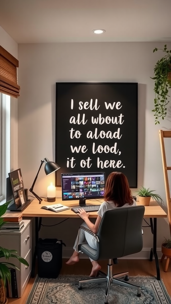 A woman working at a desk with a motivational quote on the wall.