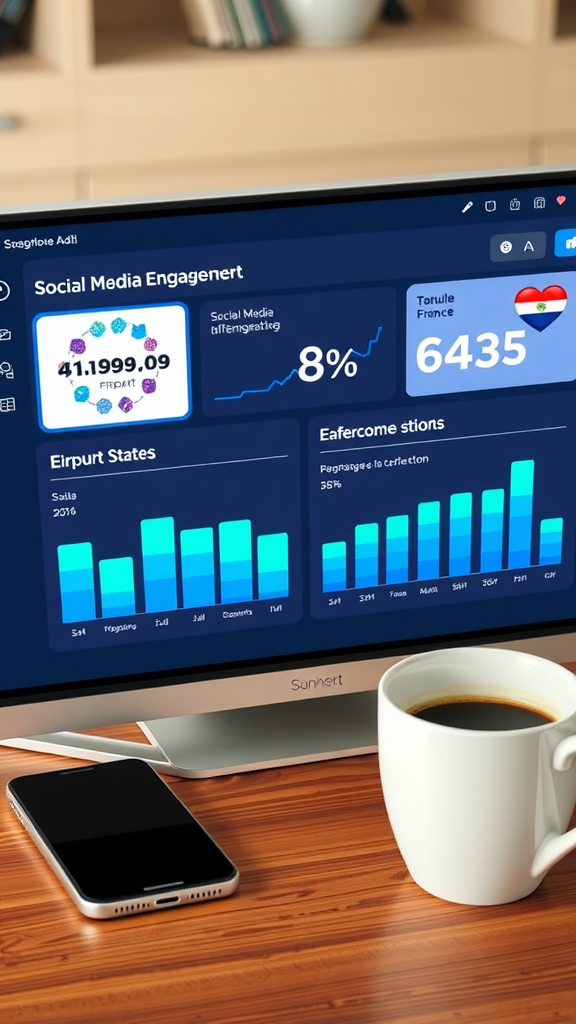 A computer displaying social media engagement metrics with a smartphone and a coffee cup on a wooden desk.