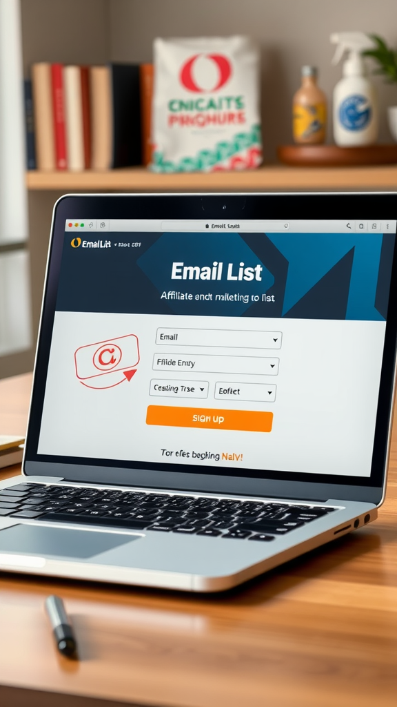 A laptop displaying an email list signup page with a simple interface.