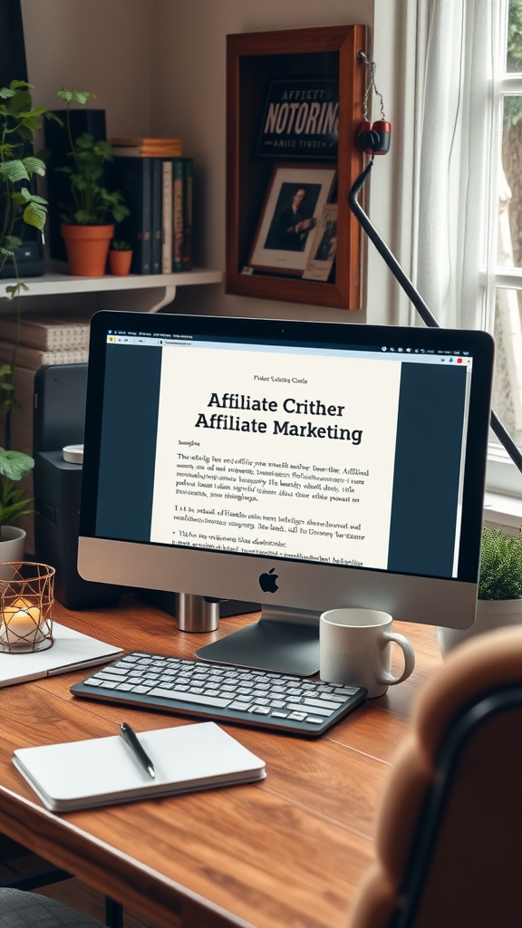 A cozy workspace with a computer displaying affiliate marketing content, a notebook, and a coffee cup.