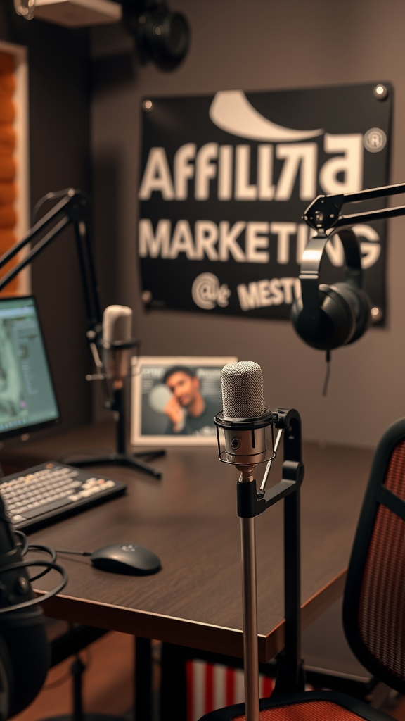 A cozy podcast studio setup with microphones and a computer.