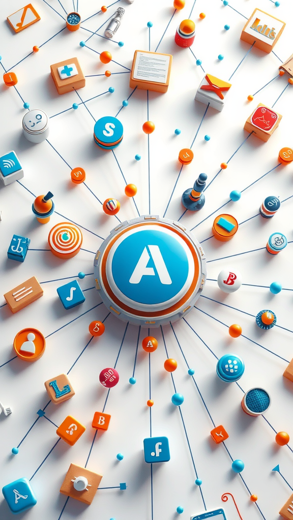 Colorful network of affiliate icons connecting to a central logo