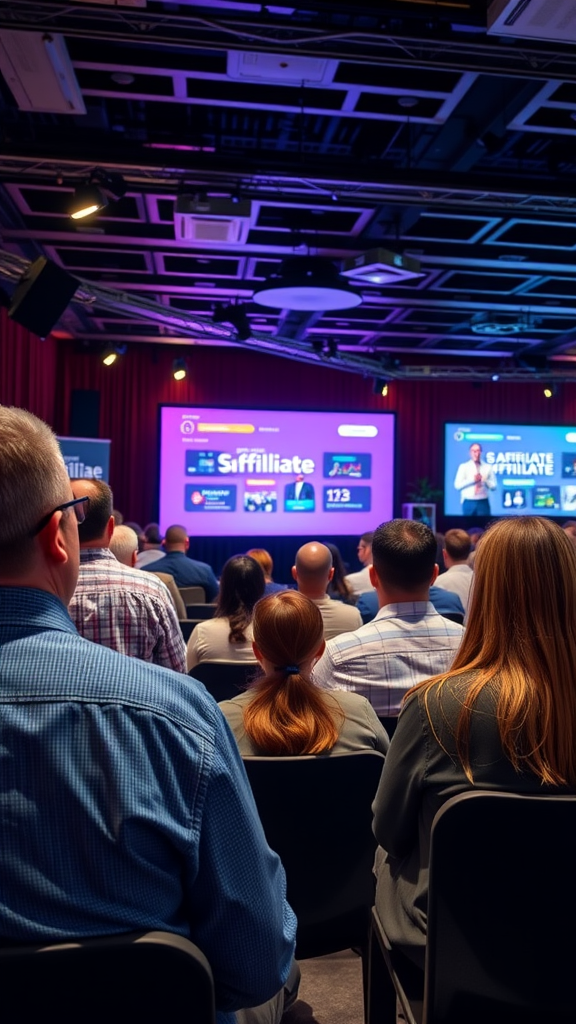 Audience attending a webinar with presentations displayed on screens.