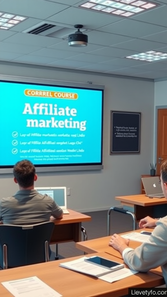 A classroom setting with students watching a presentation about affiliate marketing.