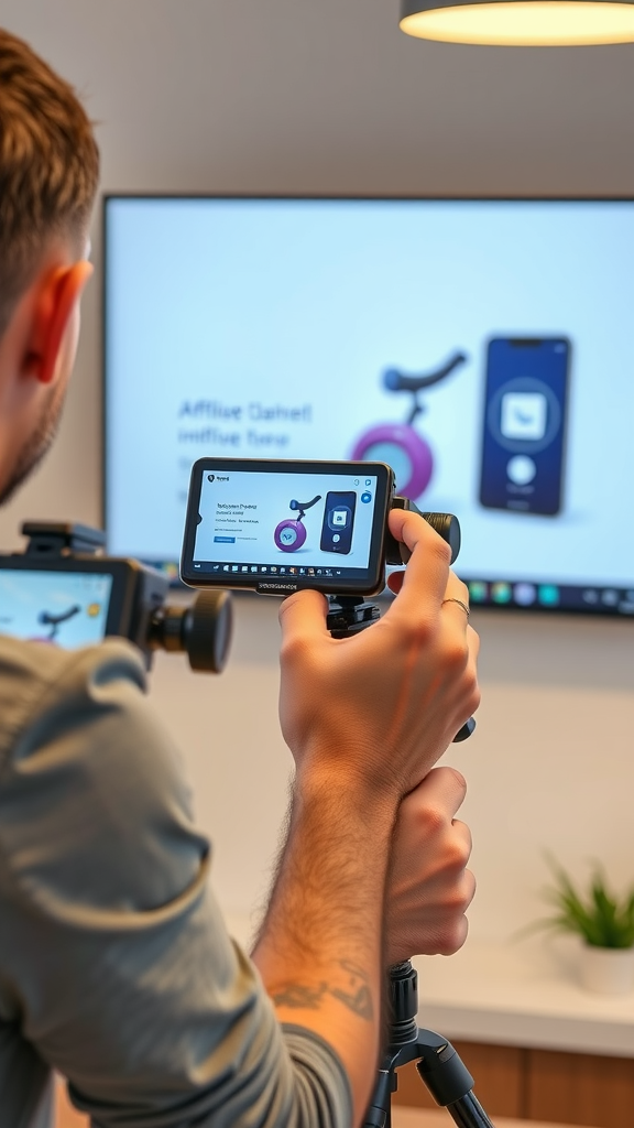 Person filming a product demo with a camera and smartphone, showcasing a fitness device on a screen.